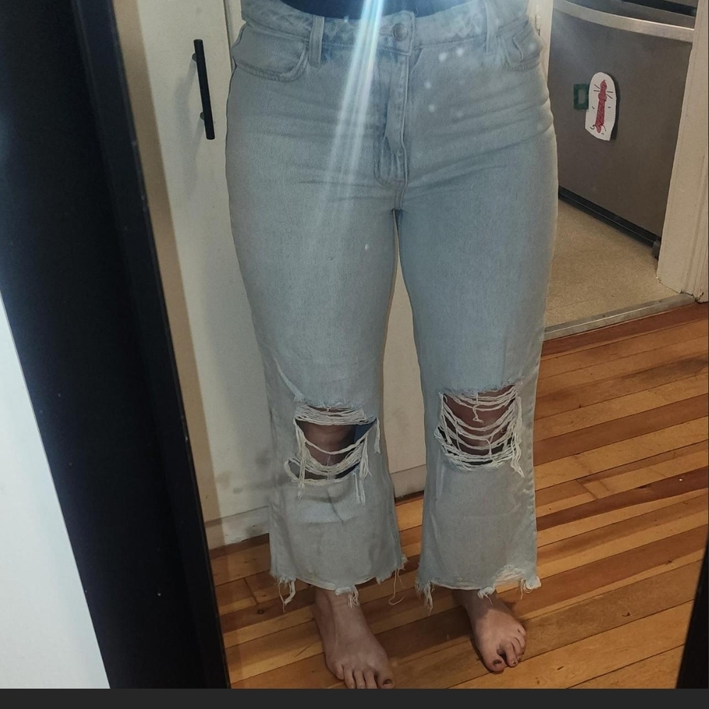 Trendy Distressed Women's Flare Jeans in Light Gray